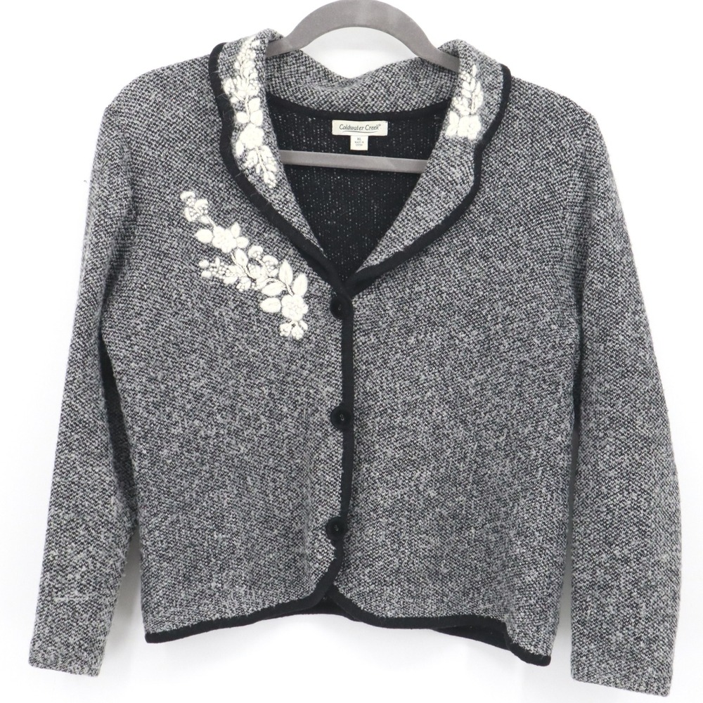 Coldwater Creek Embroidered Wool Cardigan Womens XL Gray Twee Cottagecore Granny